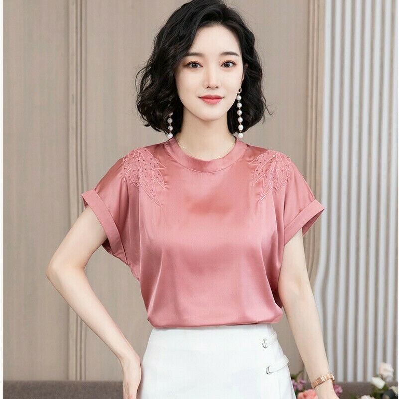 Blusa In Seta Sintetica Per Donne T-shirt Con Ricamo Floreale Larga