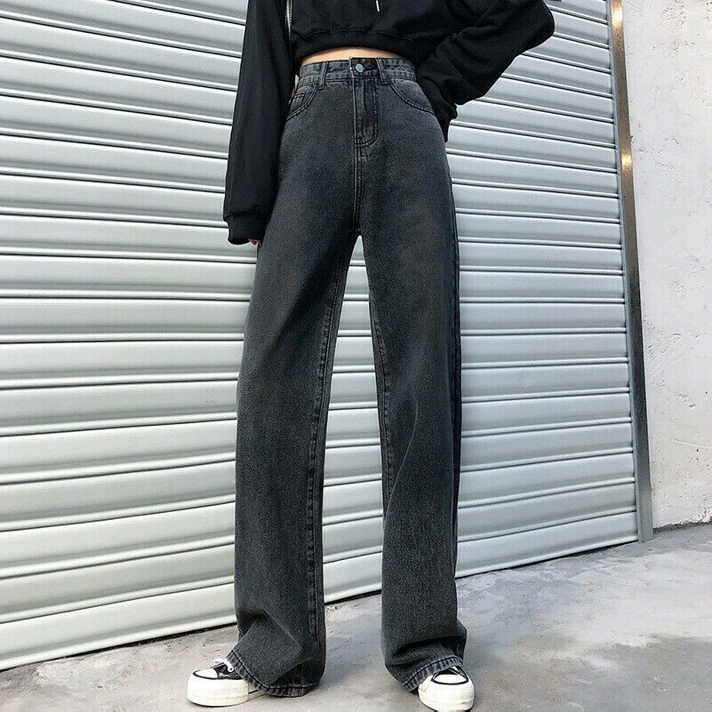 Women Denim Pants Jeans Trousers Wide Leg High Waist Retro Loose Straight
