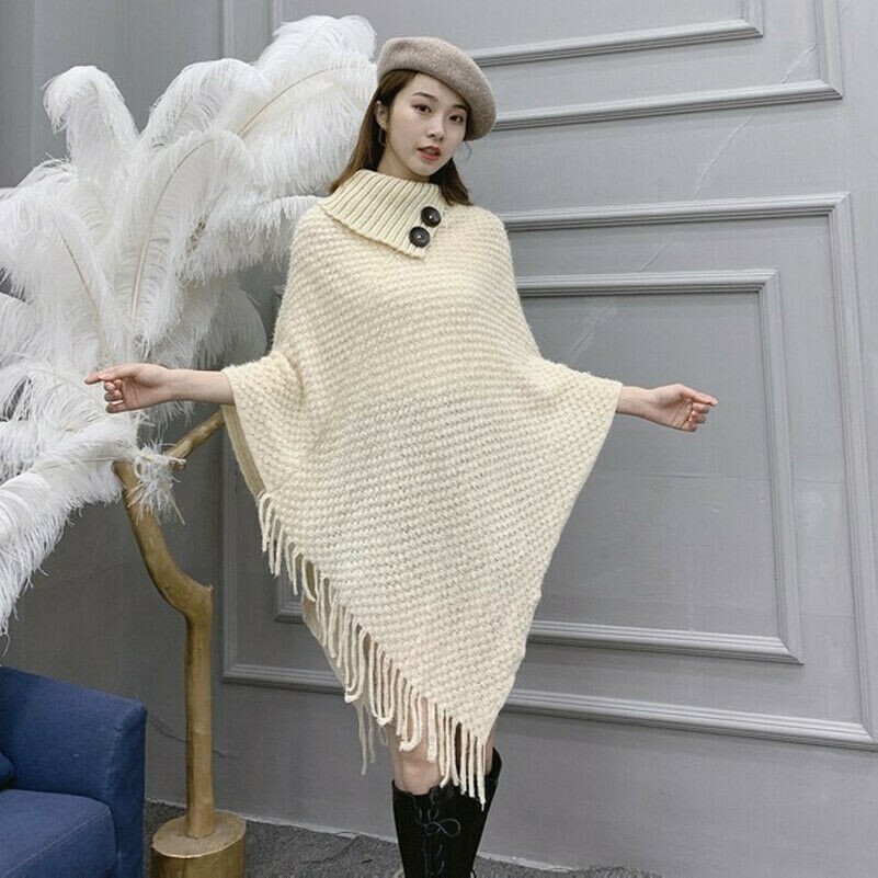 Women Cape Knitted Poncho Sweater Loose Tassel Turtleneck Shawl Blanket