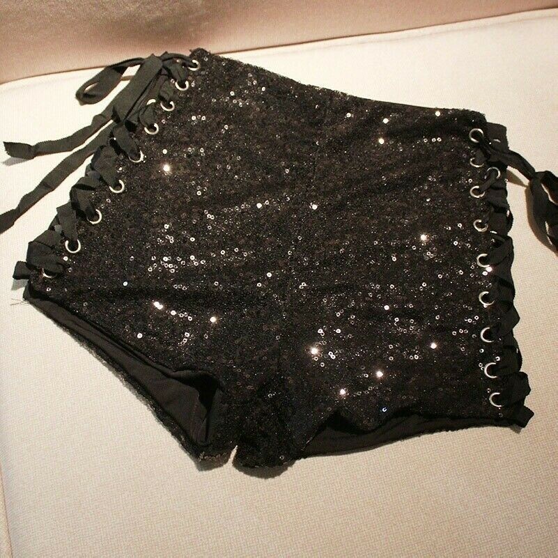 Donna con Lacci Lustrini Pantaloncini Paillettes Hot Pantaloni Mini Clubwear