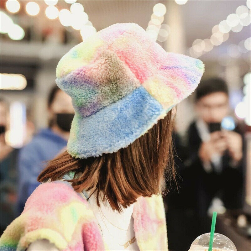 Damen Kunstpelz Fischerhut Bush Hut Breite Krempe Flauschig Rainbow Wintermode