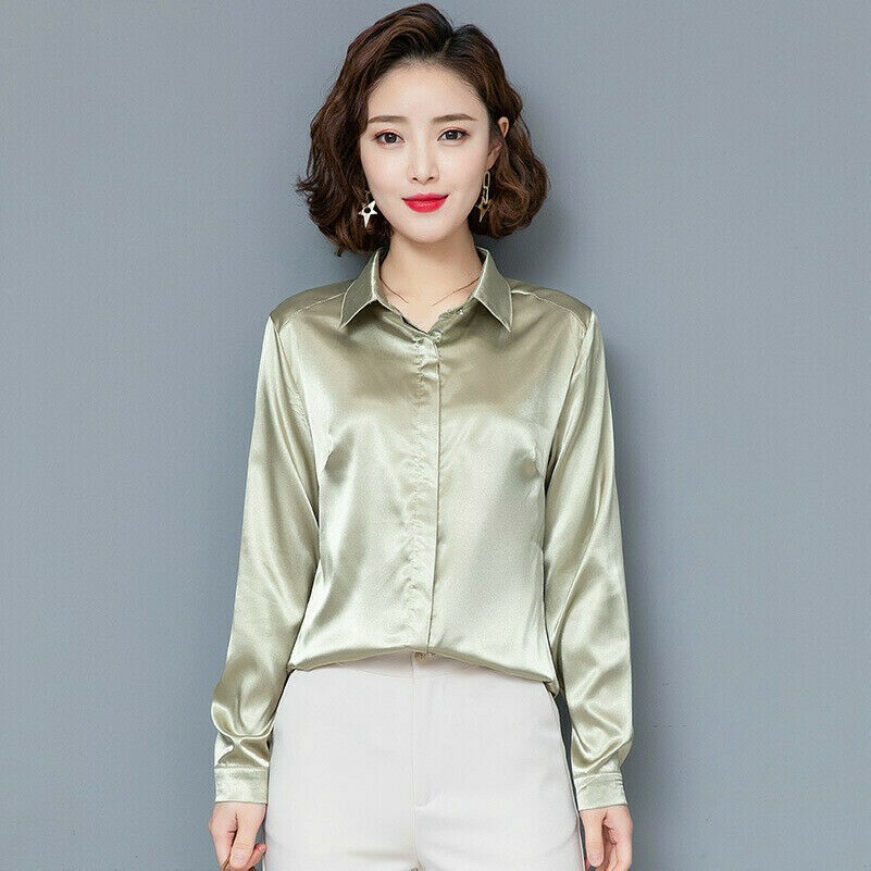 Damen Satin Hemd Bluse Top Langärmlig Business Formelle Glänzend Elegant Lässig