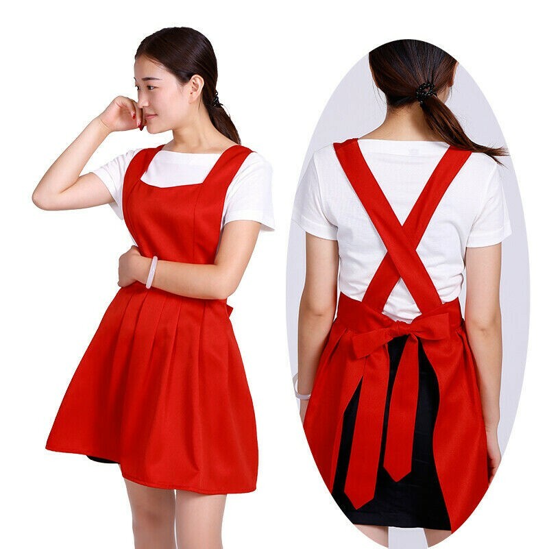Damen Lätzchen Schürze Solid Taschen Plissiert Kellnerin Uniform Heim