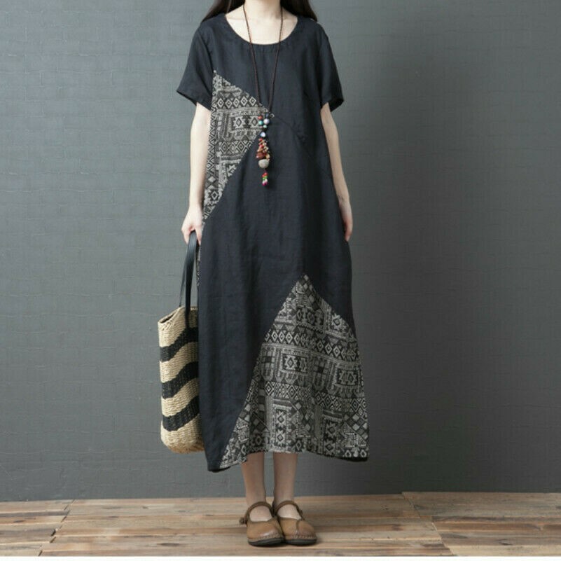 Damen Locker Baumwolle Leinen Kleid Kurzärmelig Rock Ethnisch Patchwork Midi