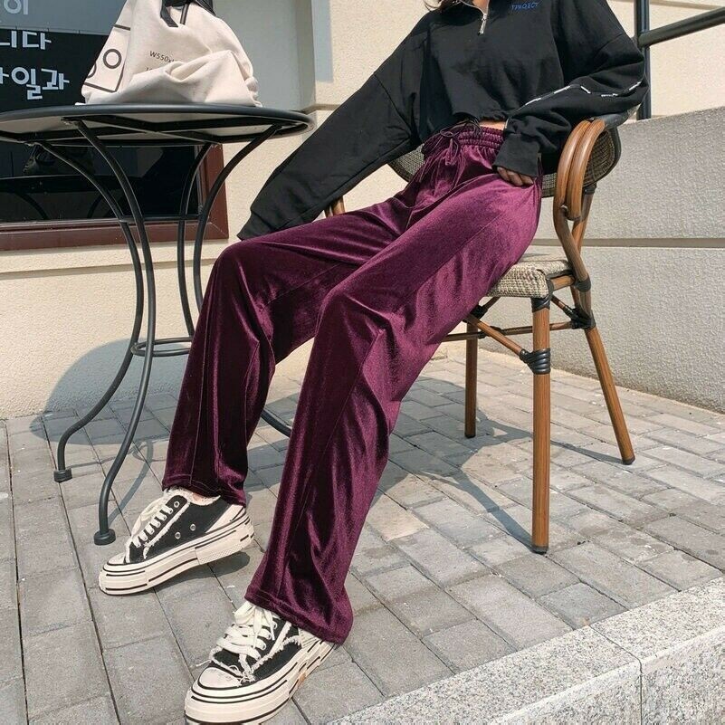 Femme Velours Pantalon Jambe Large Plazzo Pantalon Cordon Taille Élastique Salon