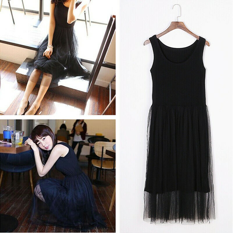 Women Vest Dress Camisole Petticoat Mesh Layered Tank Top Jumper Skirt Midi