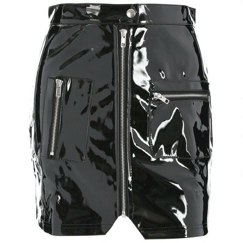 Femmes Sexy Cuir PVC Court Mini Jupe Crayon Fermeture Éclair Brillant Punk