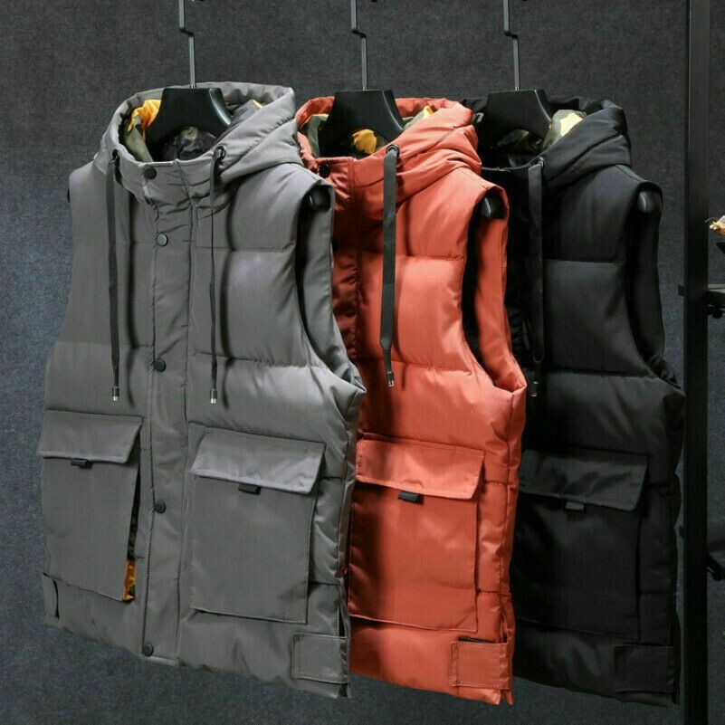 Herren Weste Gesteppt Gefüttert Puffer Mantel mit Kapuze Winterjacke Safari