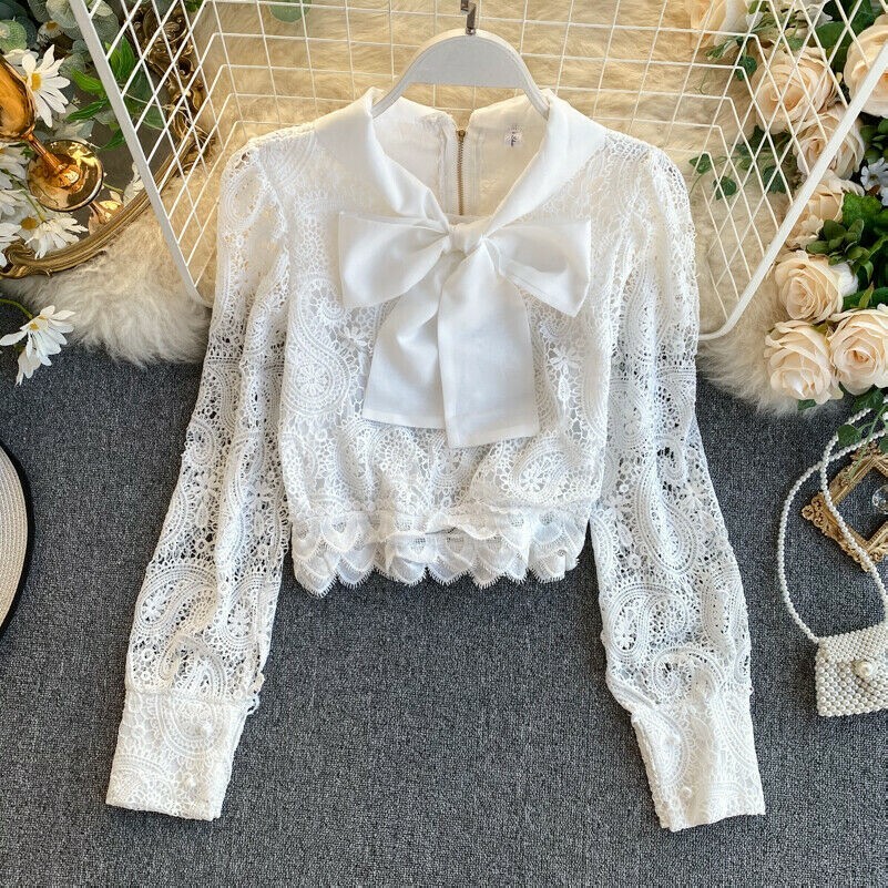 Lady Lace Hollow Out Blouse Top Shirt Cropped Long Sleeve Bowknot Zipper Elegant