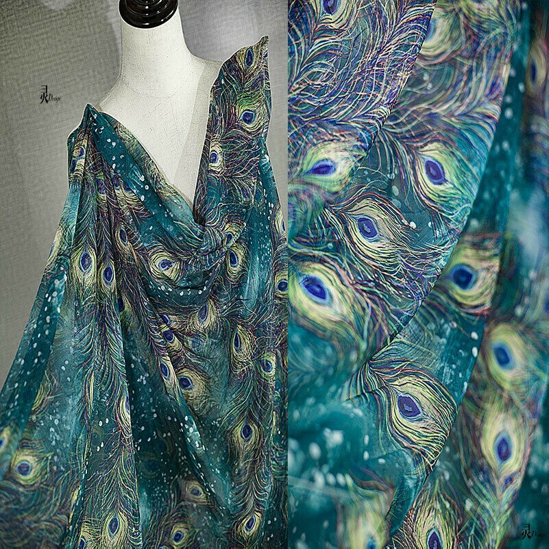 100x160cm Mesh Fabric Cloth Peacock Feather Pattern Costume Dress Materials