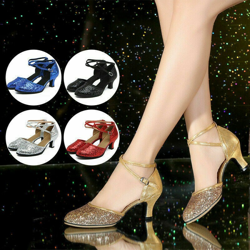 Damen Latein Tanzschuhe Knöchelriemen Glitter Salsa Cha Tanzende Schuhe Außen