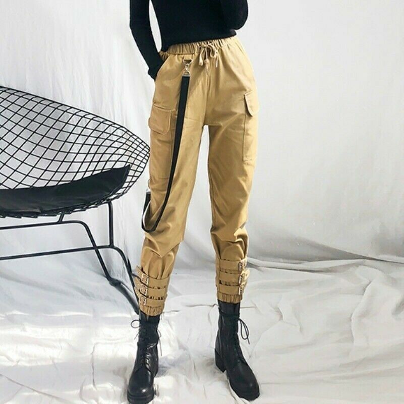 Damen Punk Harem Cargohose Gothik Hosen Schnalle Bandage Hip Hop Japanisch