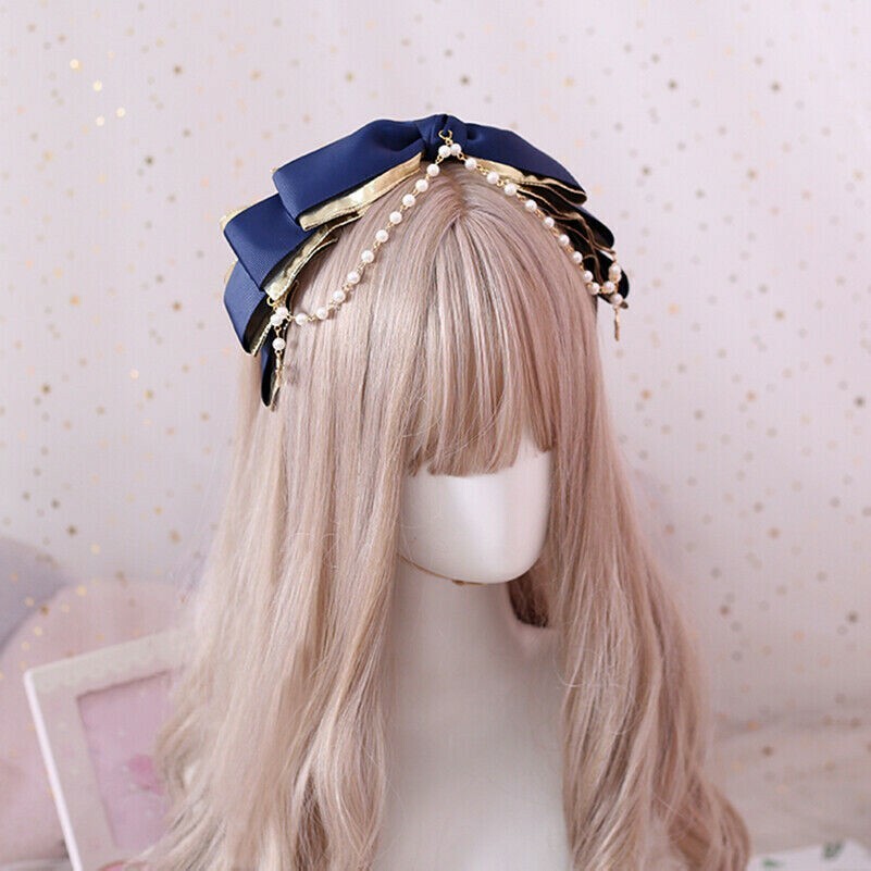 Women Girl Lolita Headband Beaded Bowknot Headwear Gothic Headdress Princess