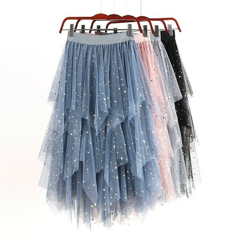 Lady Skirts Dress Puffy Swan Tutu Tulle Asymmetric Sequin Ballet Chic Goth Broom