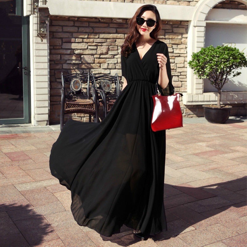 femmes sexy habillé soirée Long Robe mousseline bal plage rouge noir