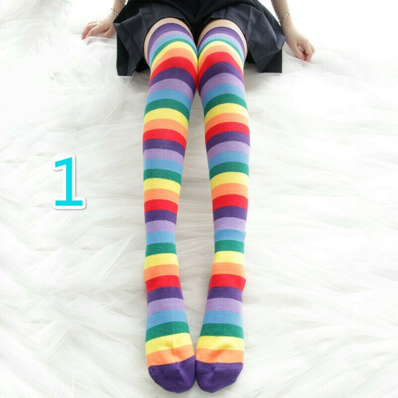 Femme Fille Arc-En-Ciel Rayé Long Chaussettes Cuisse Collants Multicolore Lolita