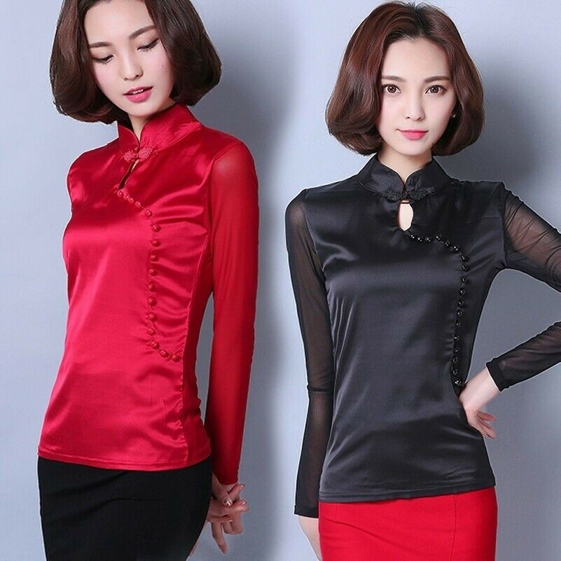 Lady Satin Mesh Shirts Faux Silk Retro Mandarin Collar Top Long Sleeve Elegant