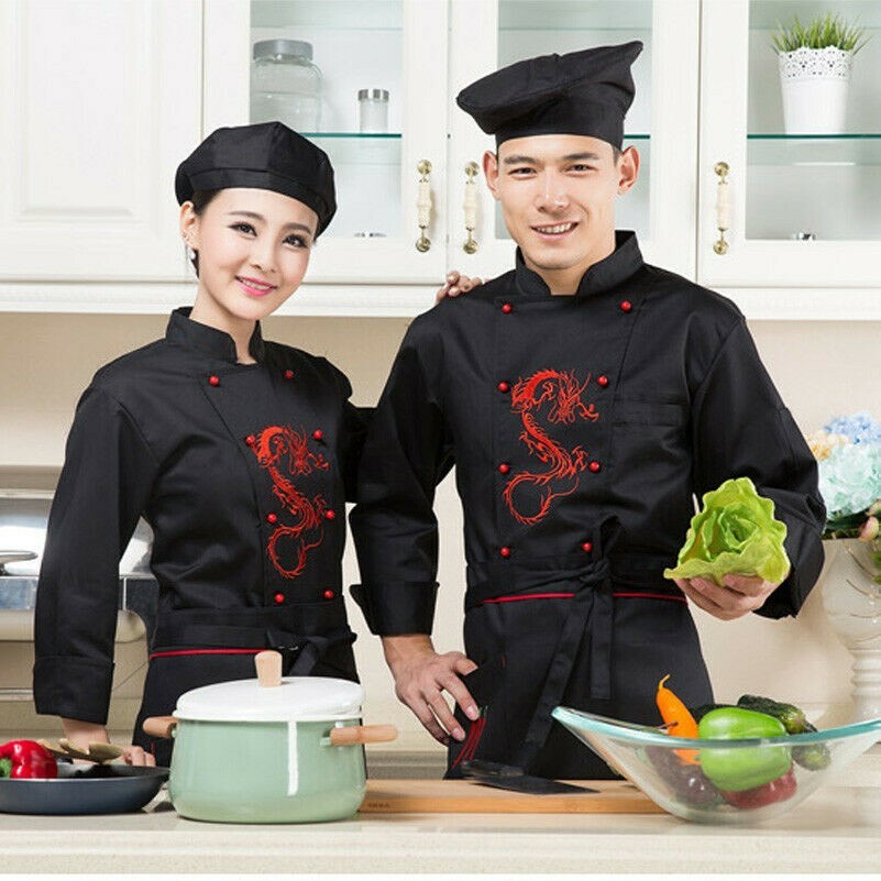 Men Lady Chinese Dragon Hotel Chef Apparel Uniform Jacket Coat Food Service Tops