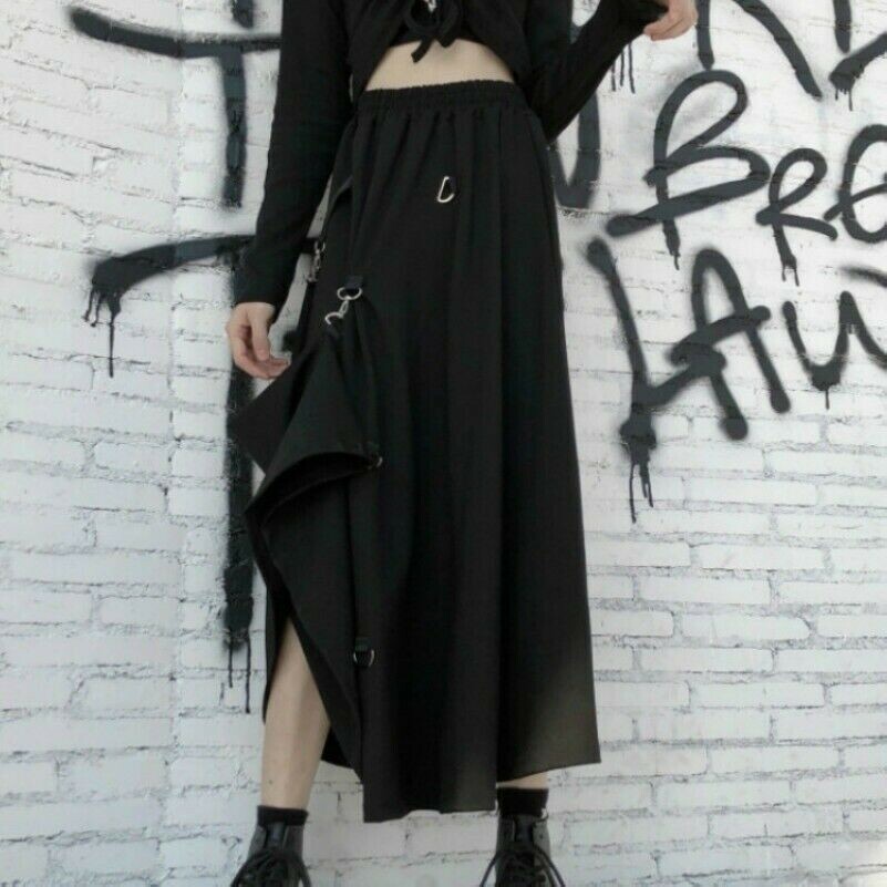Women Punk Goth Skirt Asymmetric Buckle Harajuku Rock Japanese Midi A-line