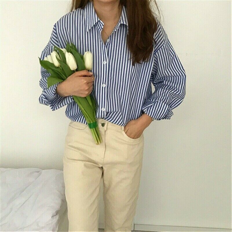 Camicia Blusa Striata In Cotone Donna Casual Retro Per Ufficio