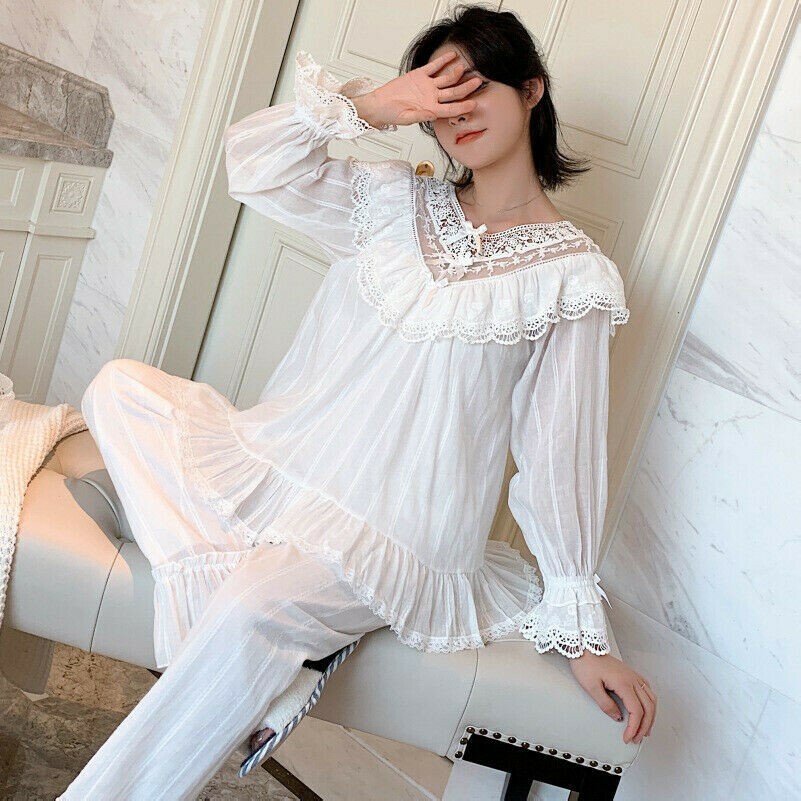 Femme Coton Pyjama Pyjama Pyjama Ensemble Long Évasé Dentelle Manche Broderie
