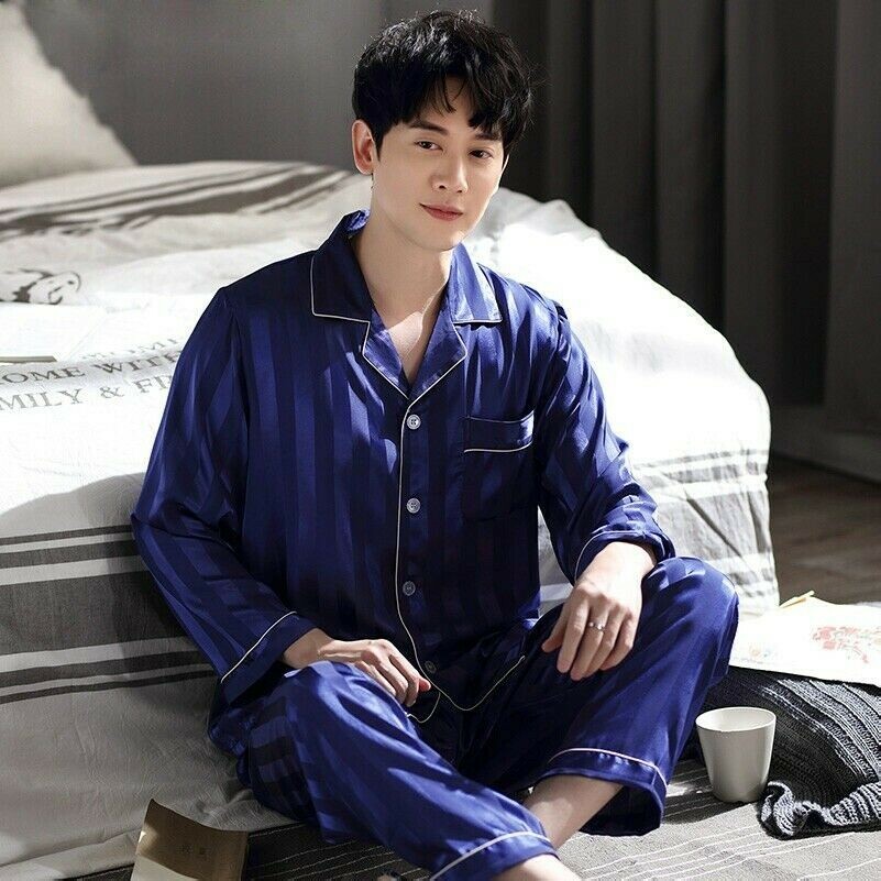 Herren Satin Kunstseide Nachtwäsche Pyjama Set Top Hose Gestreift