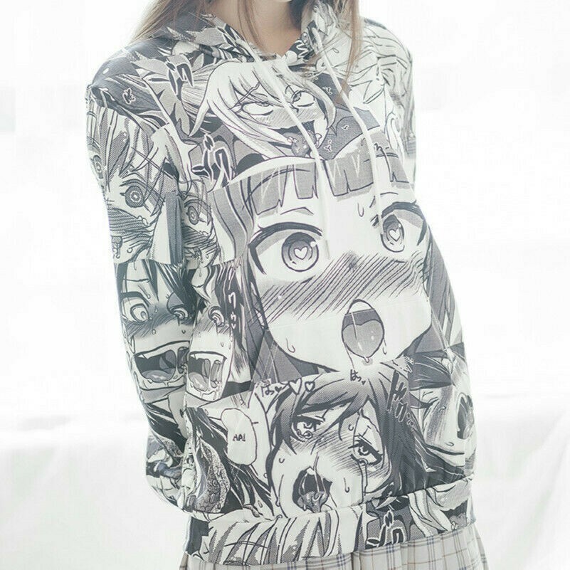 Damen Mädchen Kapuze Sweatshirt Bedruckt Top mit Japanisch Harajuku Pullover