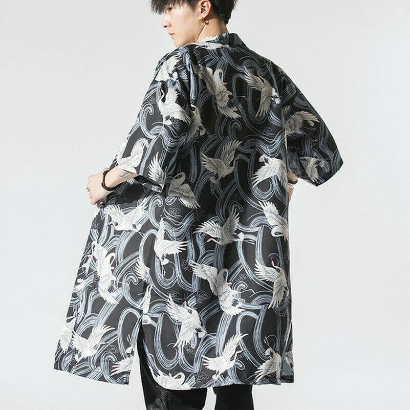 Men Japanese Kimono Coat Loose Yukata Outwear Long Bathrobe Tops Crane New