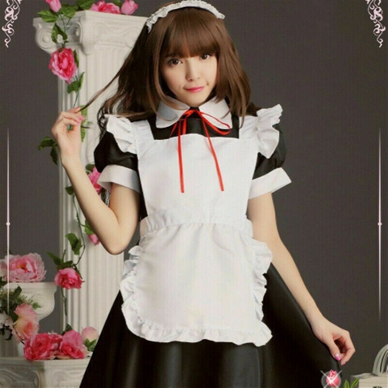 Damen Maid Kleid Lolita Kostüm Rüschen Japanisch Cosplay Uniform Kellnerin
