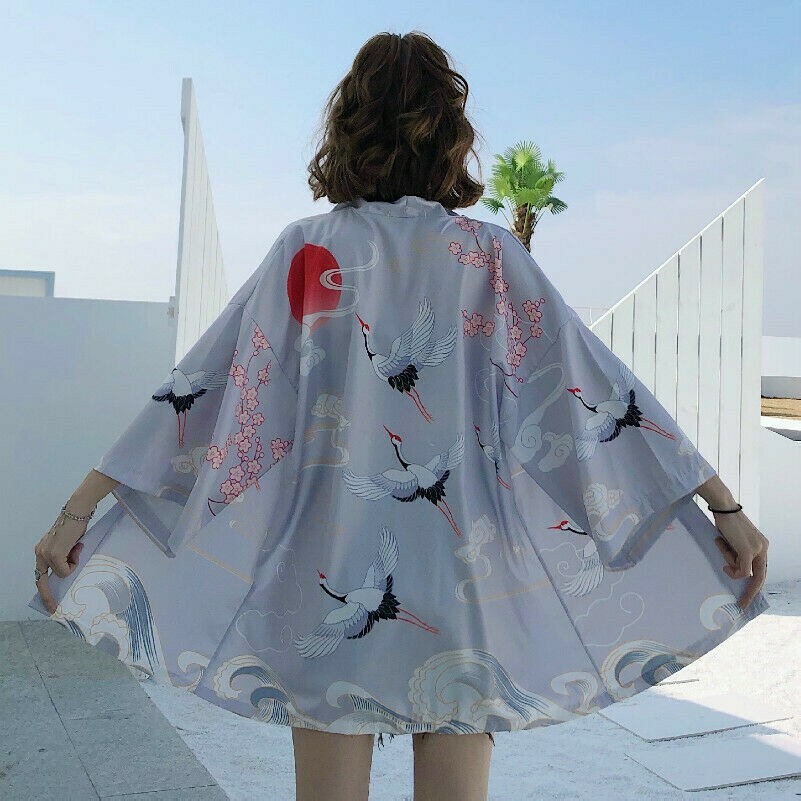 Japanisch Damen Kimono Strickjacke Mantel Crane Aufdruck Yukata Bademantel Bluse