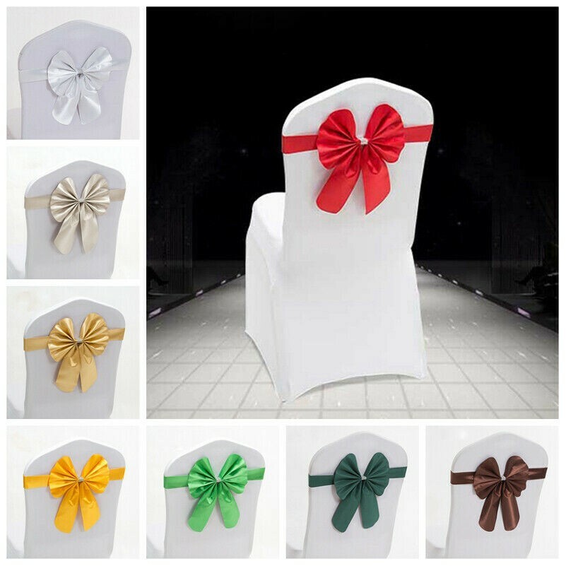 10X Chair Sash Bow Satin Bowknot Solid Slider Seat Ribbon Wedding Party