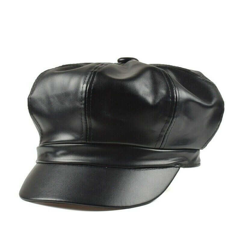 Damen Kunstleder Zeitungsjunge Kappe Hut Baker Junge Cabbie Gatsby Beret Schwarz