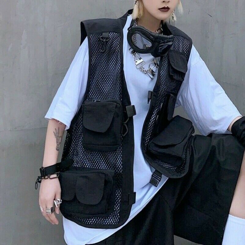 Women Fishnet Waistcoat Gilet Cargo Multi Pocket Loose Japanese Sleeveless
