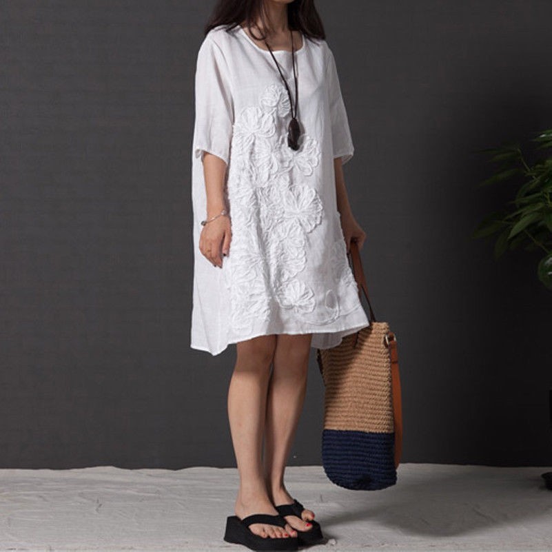 Femmes Floral Brodé Robe Lin En Vrac Chemisier Manches Courtes Tunique Haut