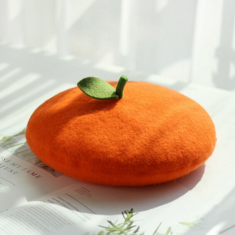 Lady Beret Caps Painter Hat Lolita Wool Blended Sweet Fruit Orange Handmade Cute