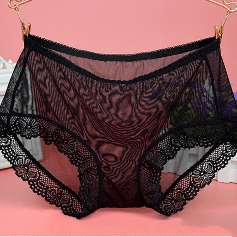2PCS Women Sheer Mesh Lace Briefs Panties Plus Size Sexy Underpants Underwear