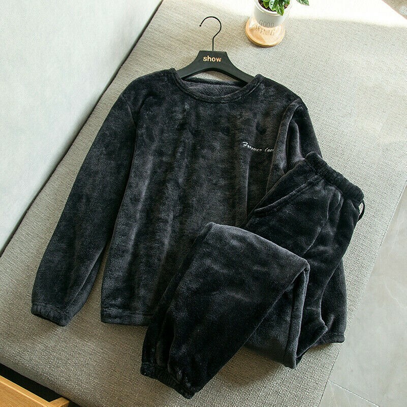 Uomo Notte Set Pigiama Flanella Corallo Pile Pullover Top Manica Lunga Caldo