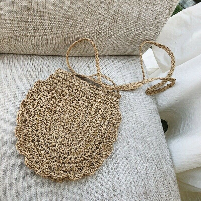 Damen Häkel Tasche Stroh Handtasche Umhängetasche Boho Wicker Rattan Blumen