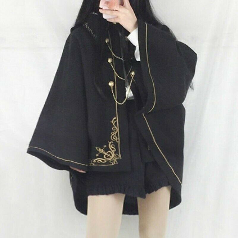 Women Gothic Lolita Cloak Cape Jacket Winter Quilted Coat Poncho Retro Black