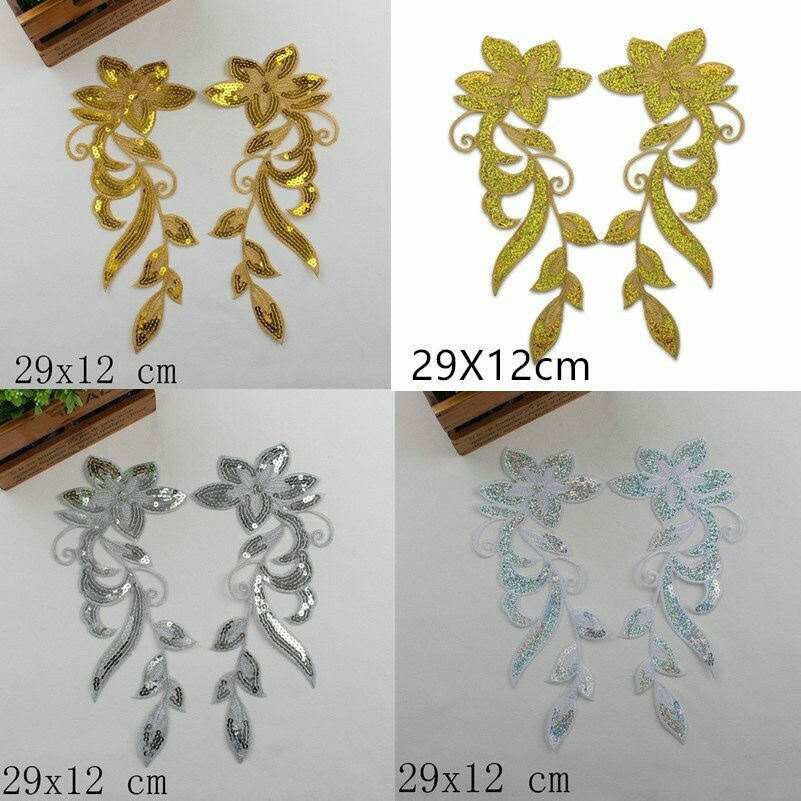 1Pair Embroidery Sequin Applique Flower Trimming Golden Sewing Motif Patch