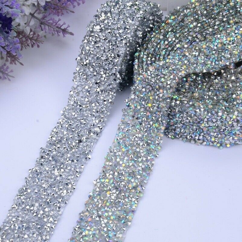 2 Yard Crystal Rhinestone Beaded Trim Ribbon Iron on Sew on Applique Bridal Belt