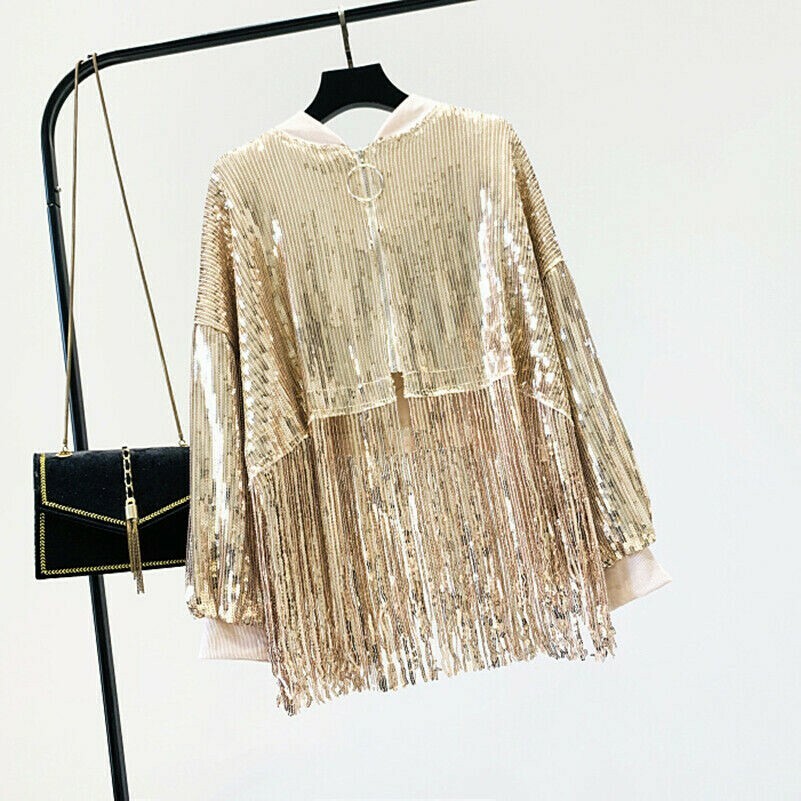 Women Loose Sequin Tassel Coats Jackets Shiny Glitter Dancewear Long Sleeve