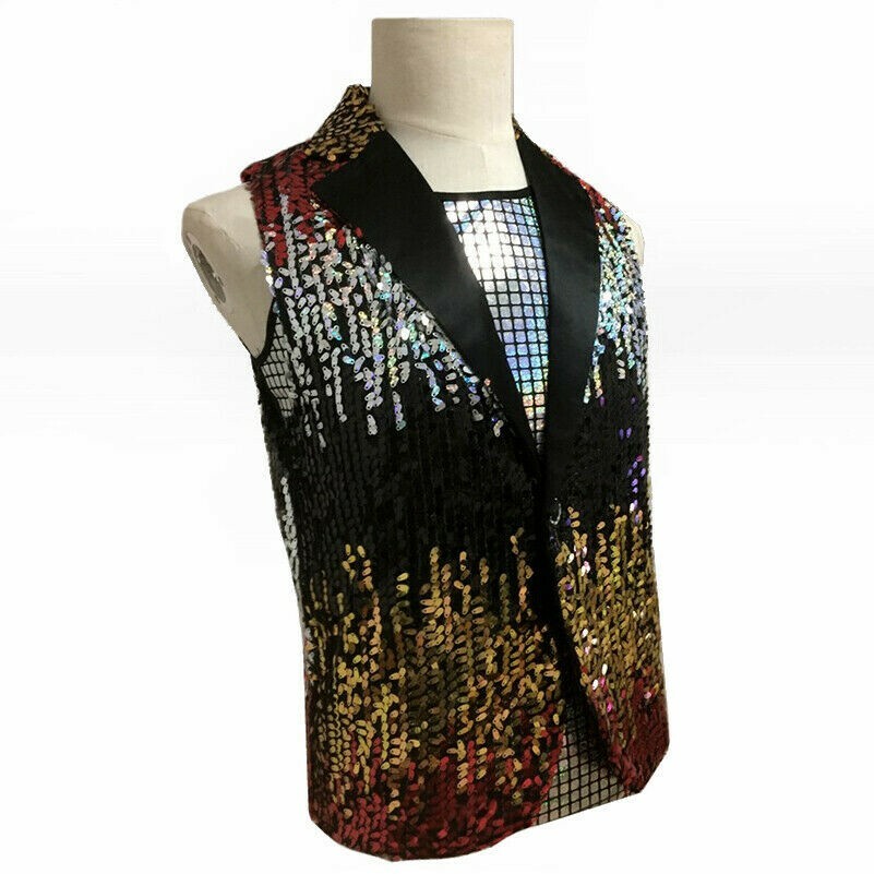 Mens Sequin Waistcoat Sleeveless Notch Lapel Jacket Gilet Vest Fancy Dress