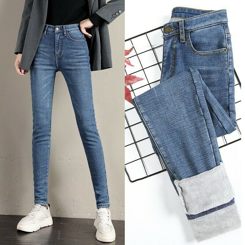 Jean Femmes Pantalon Leggings Polaire Doublé Taille Haute Épais Chaud