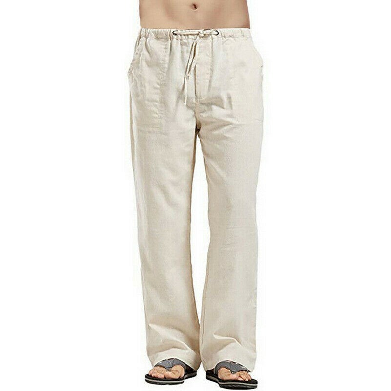 Herren Leinen Freizeit Hosen Lang Locker Sommer Gummibund Khaki S-5XL