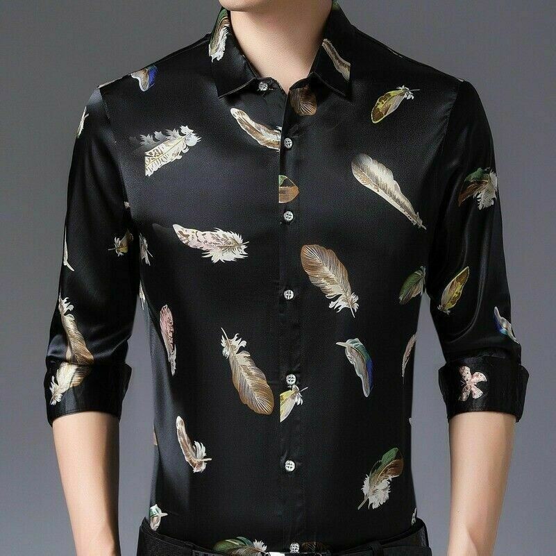 Herren Feder Satin Bluse Topsshirt Business Langärmelig Kunstseide Glänzend