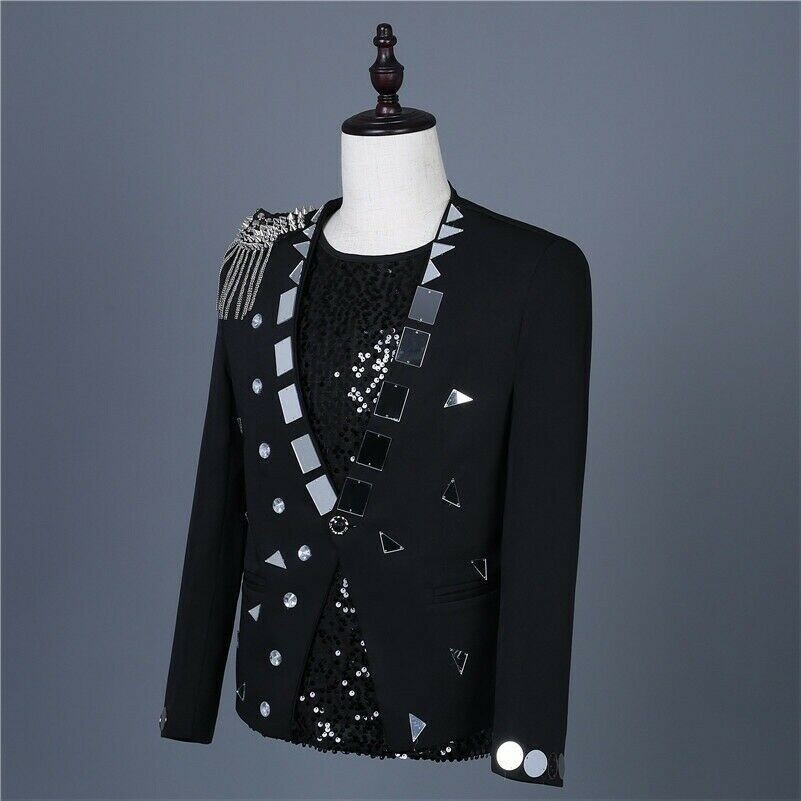 Men Glitter Sequins Suit Jacket Blazer Tassels Epaulet Stage Costume Gothic SPW