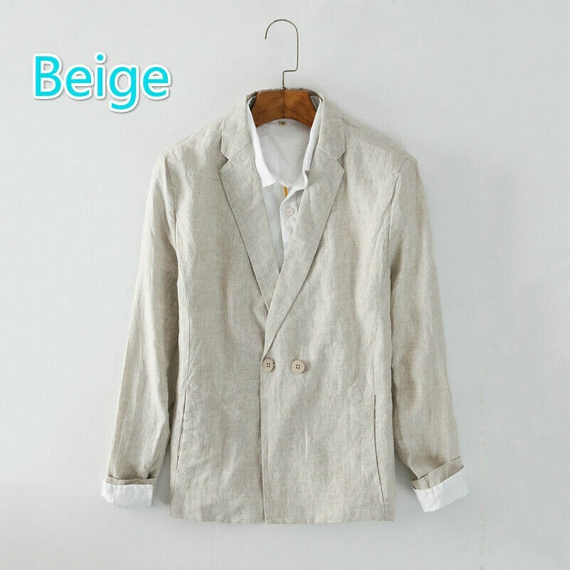 Herren Leinen Anzug Jacke Mantel Schlicht Revers Zweireihig Business Blazer Top