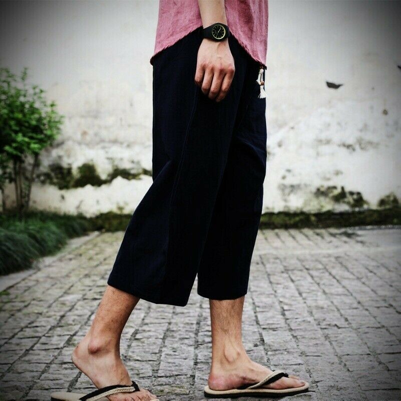 Herren Gekürzt Weites Bein Hose Haremshose Baggy Ethnisch Leinen Blend Vintage