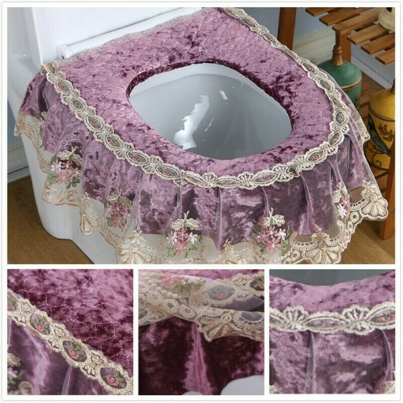 Toilet Seat Cover Zipper Bathroom Lace Embroidery Velvet Lid Pads Warm Soft